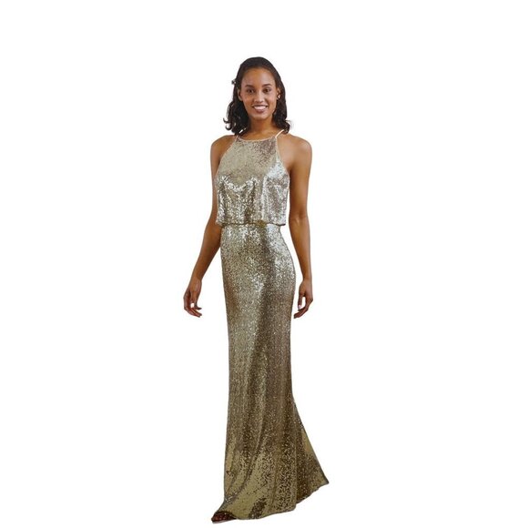 NWT Jasmine Gold Sequin Formal Spaghetti Strap 14 Gown - Picture 4 of 9